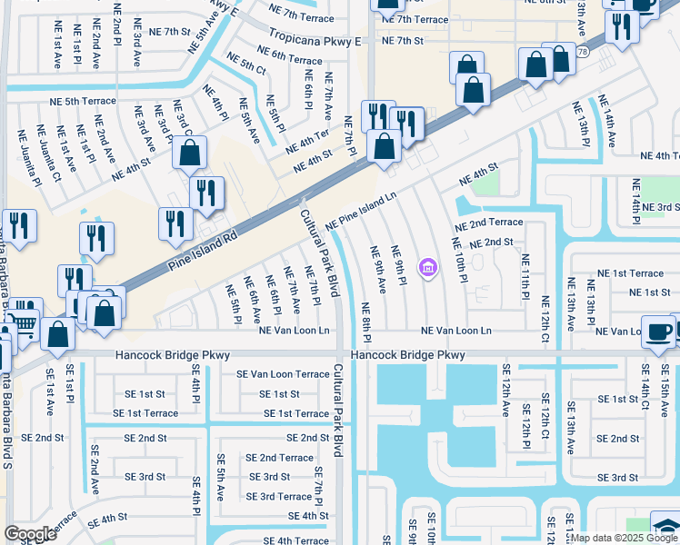 map of restaurants, bars, coffee shops, grocery stores, and more near 203 Cultural Park Boulevard in Cape Coral