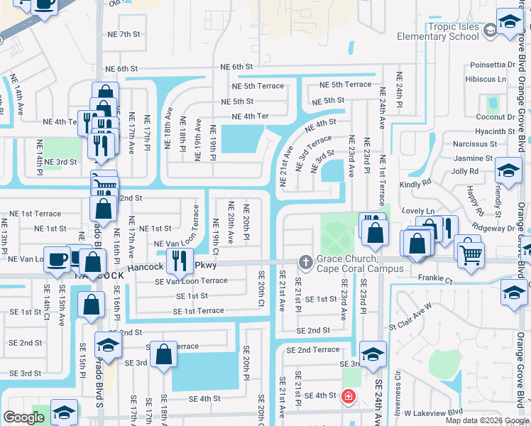 map of restaurants, bars, coffee shops, grocery stores, and more near 109 Northeast 20th Court in Cape Coral