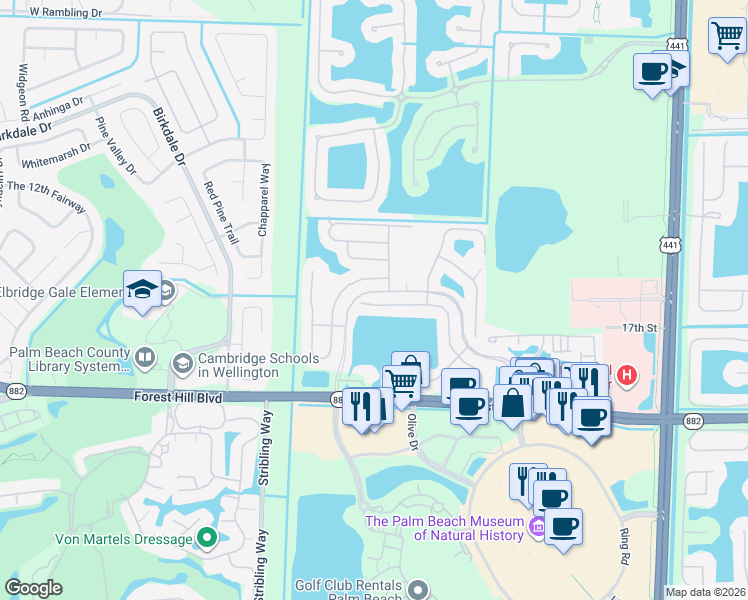 map of restaurants, bars, coffee shops, grocery stores, and more near 10777 Pelican Drive in Wellington