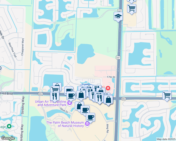 map of restaurants, bars, coffee shops, grocery stores, and more near 10484 Polo Lake Drive West in Wellington