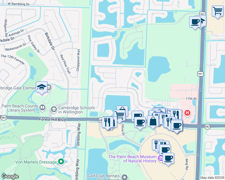 map of restaurants, bars, coffee shops, grocery stores, and more near 10754 Pelican Drive in Wellington
