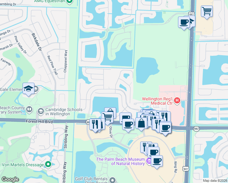 map of restaurants, bars, coffee shops, grocery stores, and more near 10690 Pelican Drive in Wellington