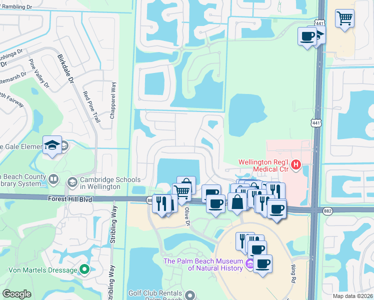 map of restaurants, bars, coffee shops, grocery stores, and more near 10690 Pelican Drive in Wellington