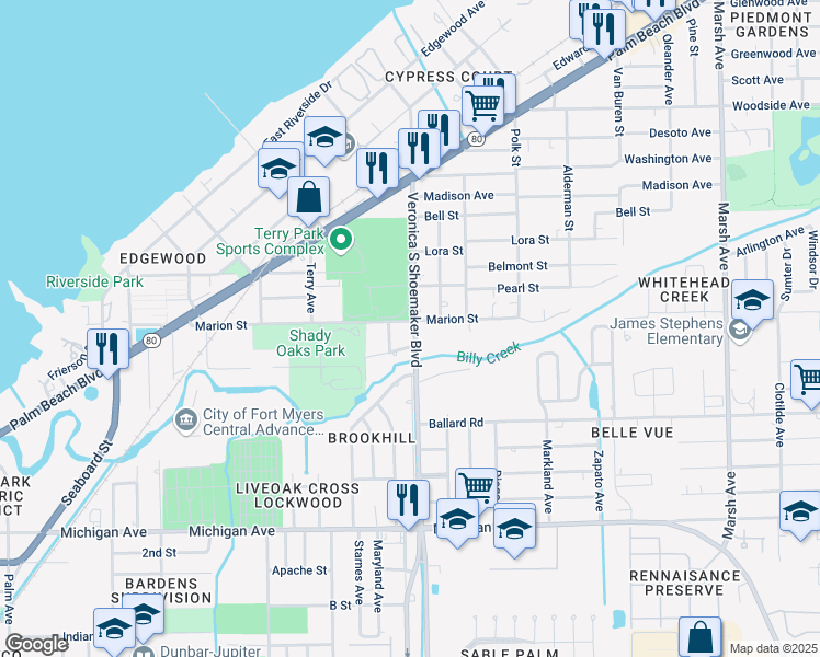 map of restaurants, bars, coffee shops, grocery stores, and more near 1225 Veronica S Shoemaker Boulevard in Fort Myers
