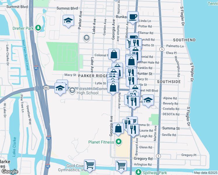 map of restaurants, bars, coffee shops, grocery stores, and more near 620 Forest Hill Boulevard in West Palm Beach