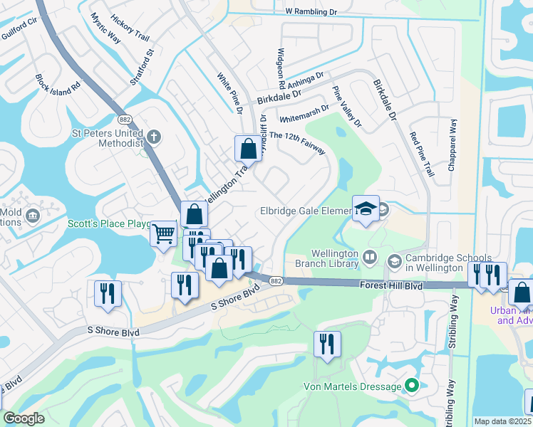 map of restaurants, bars, coffee shops, grocery stores, and more near 11825 Greenbriar Circle in Wellington