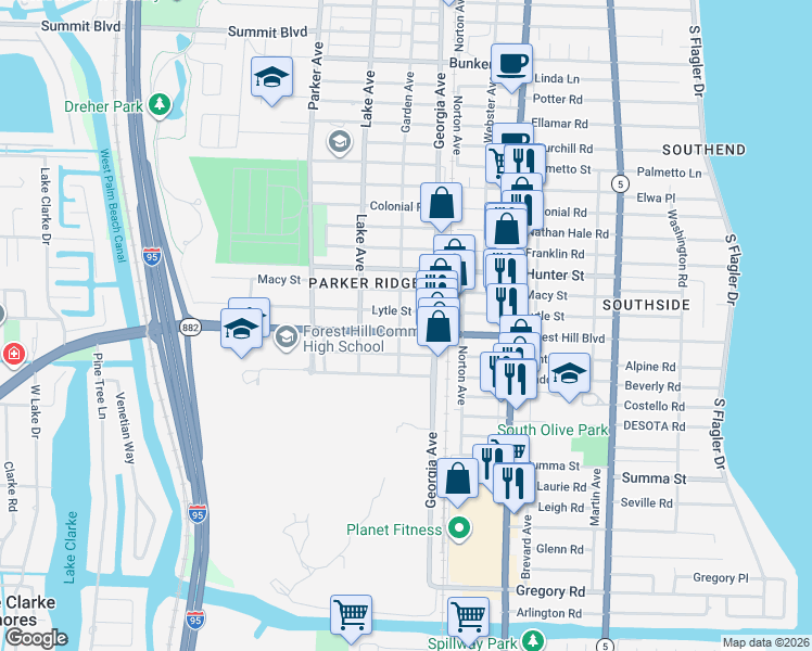 map of restaurants, bars, coffee shops, grocery stores, and more near 620 Forest Hill Boulevard in West Palm Beach