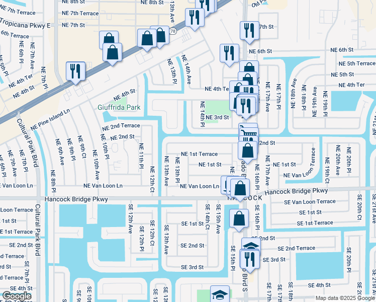 map of restaurants, bars, coffee shops, grocery stores, and more near 1327 Northeast 1st Terrace in Cape Coral