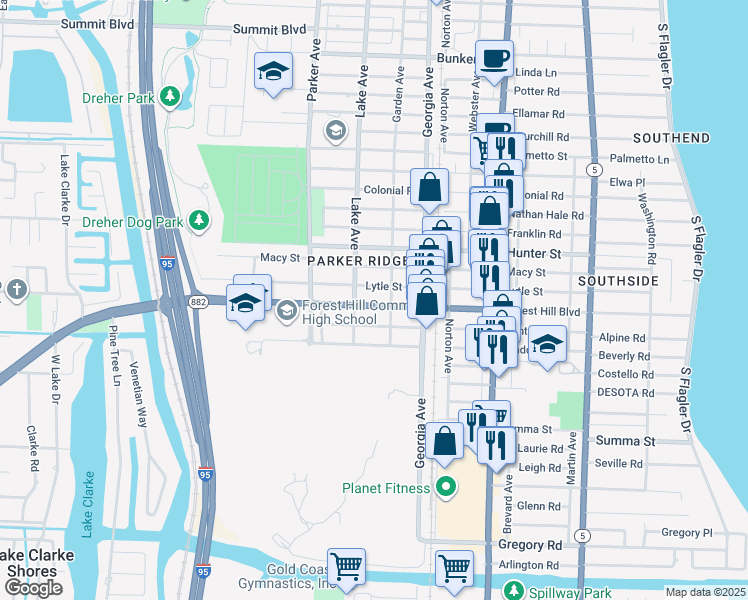 map of restaurants, bars, coffee shops, grocery stores, and more near 714 Florida 882 in West Palm Beach