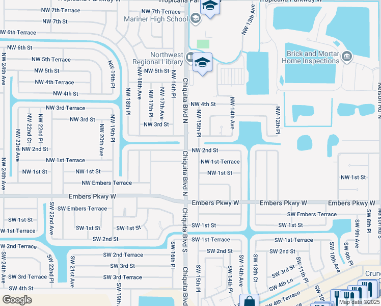 map of restaurants, bars, coffee shops, grocery stores, and more near 120 Northwest 15th Place in Cape Coral