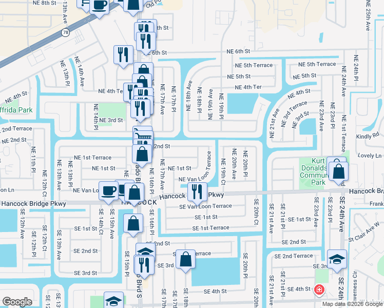 map of restaurants, bars, coffee shops, grocery stores, and more near 113 Northeast 18th Place in Cape Coral