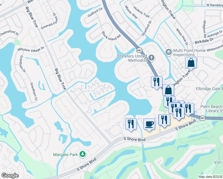 map of restaurants, bars, coffee shops, grocery stores, and more near 12550 Shoreside Lane in Wellington