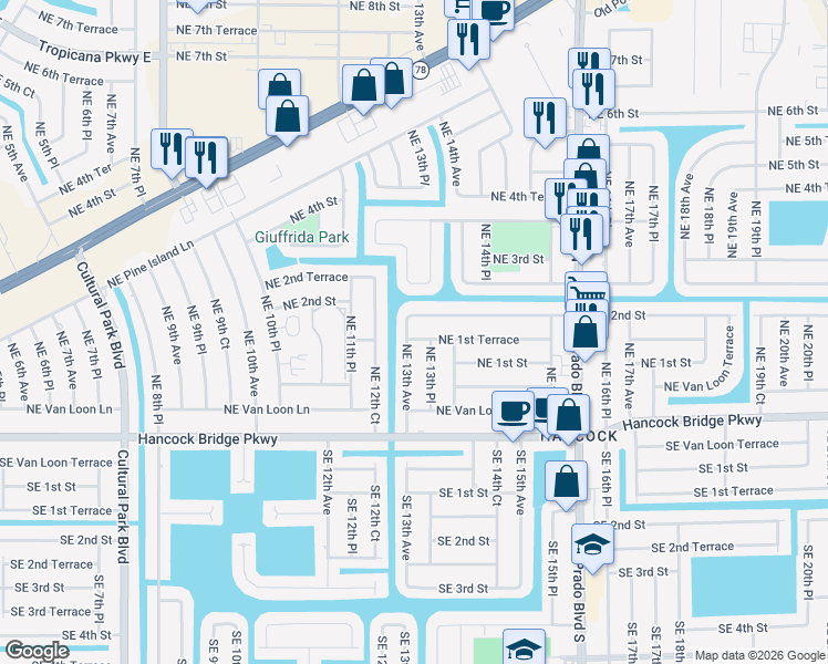 map of restaurants, bars, coffee shops, grocery stores, and more near 1303 Northeast 1st Terrace in Cape Coral