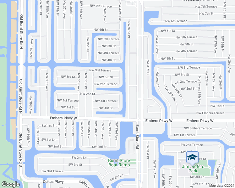 map of restaurants, bars, coffee shops, grocery stores, and more near 2566 Northwest 2nd Street in Cape Coral