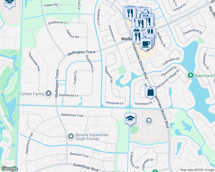 map of restaurants, bars, coffee shops, grocery stores, and more near 1767 Primrose Lane in Wellington
