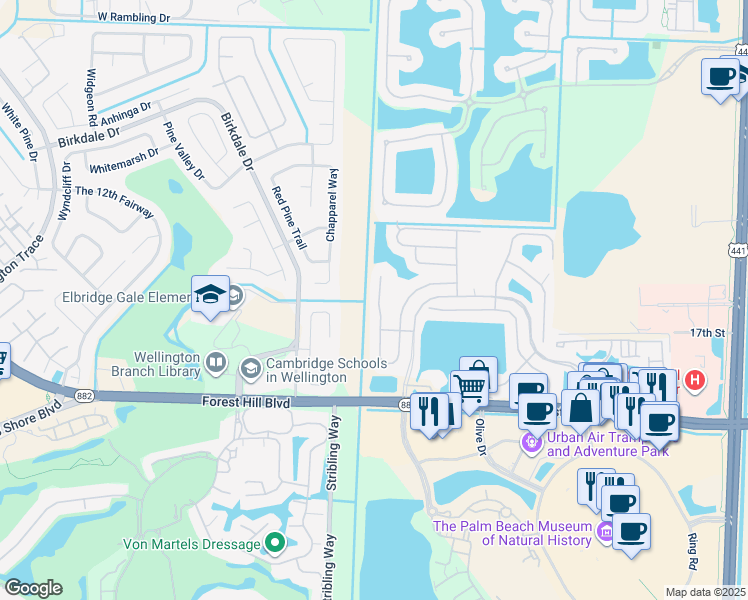 map of restaurants, bars, coffee shops, grocery stores, and more near 1859 Oak Berry Circle in Wellington