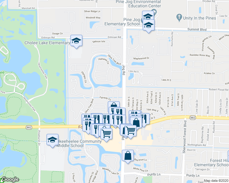 map of restaurants, bars, coffee shops, grocery stores, and more near 1449 Fairway Circle in Greenacres