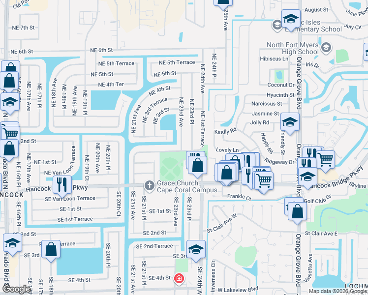 map of restaurants, bars, coffee shops, grocery stores, and more near 119 Northeast 23rd Avenue in Cape Coral