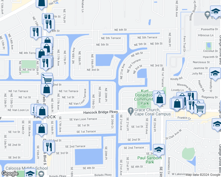 map of restaurants, bars, coffee shops, grocery stores, and more near 116 Northeast 20th Court in Cape Coral