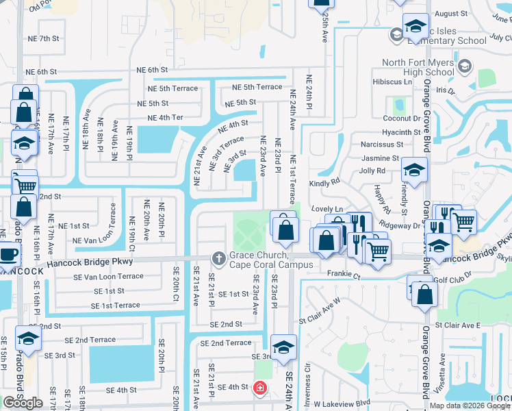 map of restaurants, bars, coffee shops, grocery stores, and more near 119 Northeast 23rd Avenue in Cape Coral