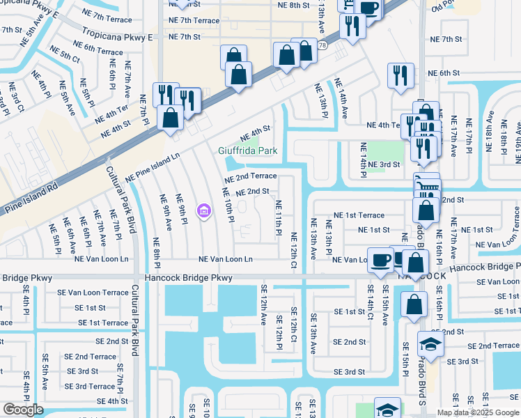 map of restaurants, bars, coffee shops, grocery stores, and more near 1109 Van Loon Commons Circle in Cape Coral