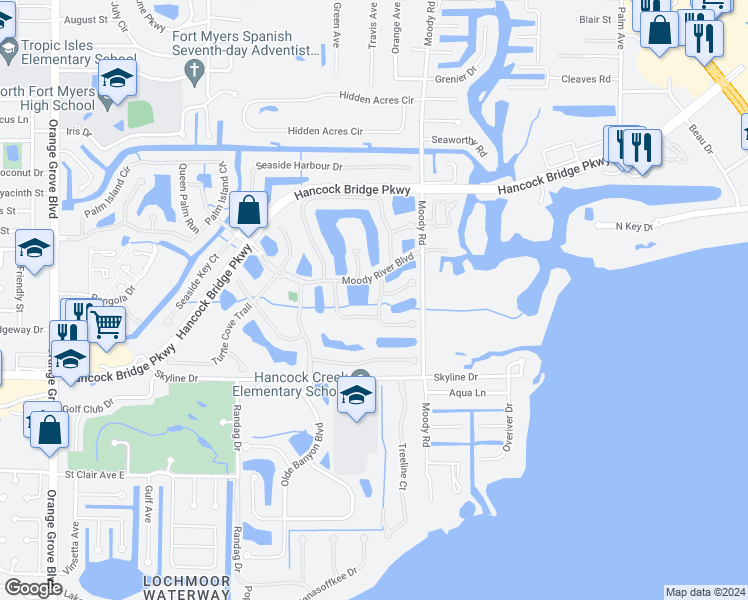 map of restaurants, bars, coffee shops, grocery stores, and more near 3120 Sea Trawler Bend in North Fort Myers