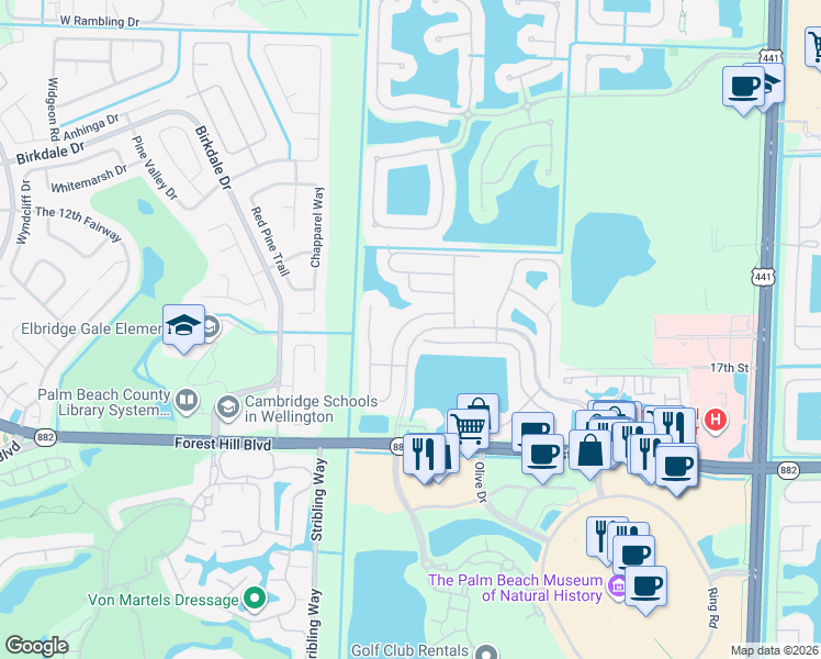 map of restaurants, bars, coffee shops, grocery stores, and more near 1627 Oak Berry Circle in Wellington