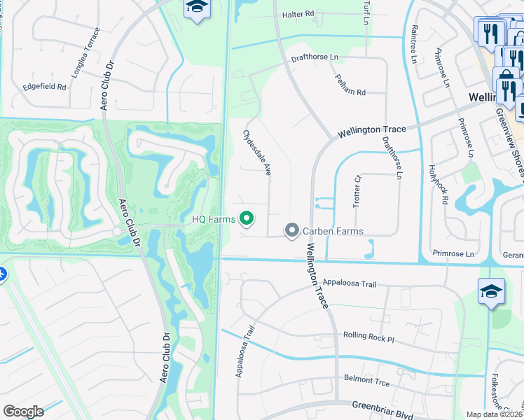 map of restaurants, bars, coffee shops, grocery stores, and more near 14322 Drafthorse Lane in Wellington
