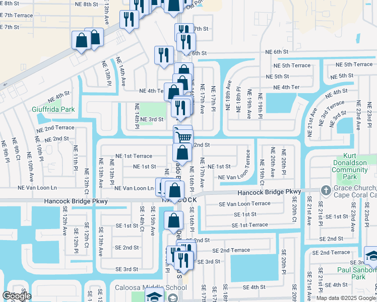 map of restaurants, bars, coffee shops, grocery stores, and more near Del Prado Boulevard South in Cape Coral