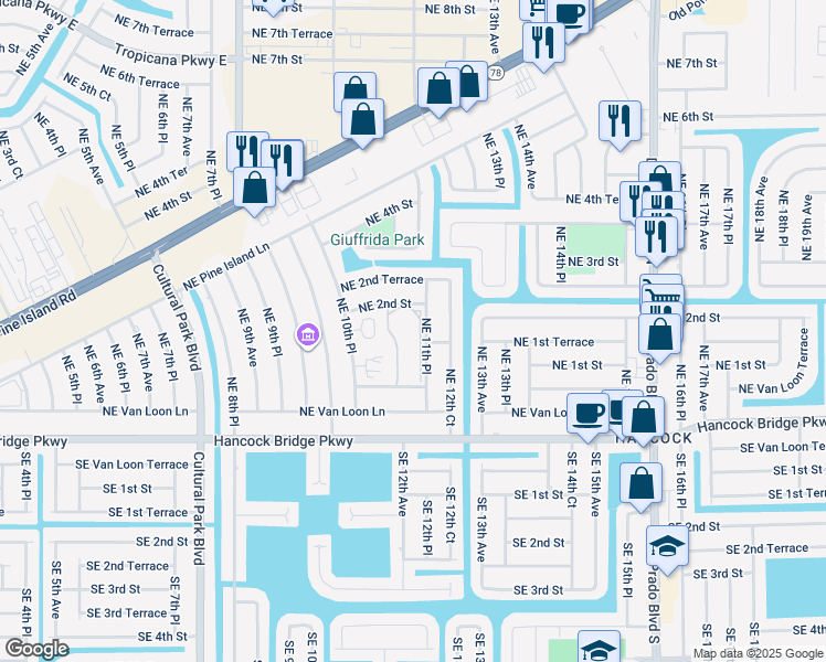 map of restaurants, bars, coffee shops, grocery stores, and more near 1109 Van Loon Commons Circle in Cape Coral