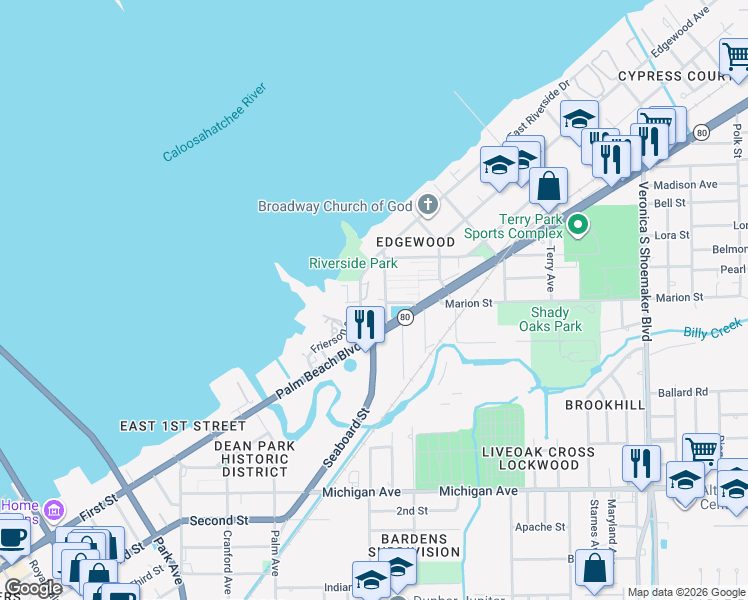 map of restaurants, bars, coffee shops, grocery stores, and more near 3031 Palm Beach Boulevard in Fort Myers
