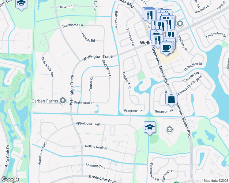 map of restaurants, bars, coffee shops, grocery stores, and more near 14575 Drafthorse Lane in Wellington
