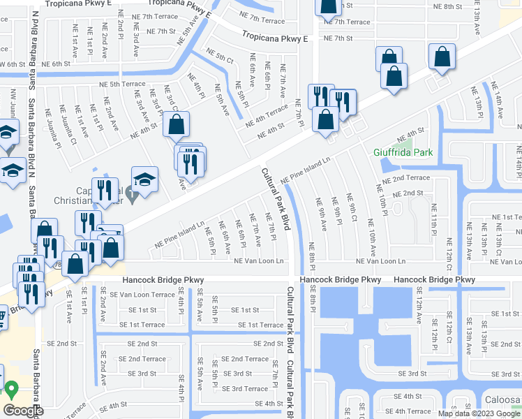 map of restaurants, bars, coffee shops, grocery stores, and more near 218 Northeast 7th Place in Cape Coral