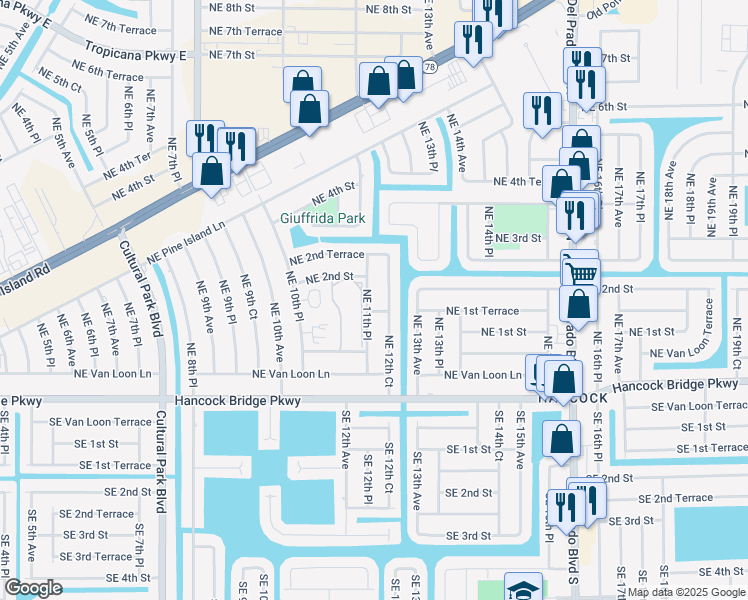 map of restaurants, bars, coffee shops, grocery stores, and more near 111 Northeast 11th Place in Cape Coral