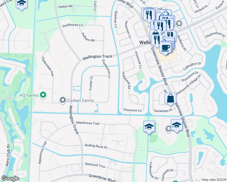 map of restaurants, bars, coffee shops, grocery stores, and more near 14593 Draft Horse Lane in Wellington