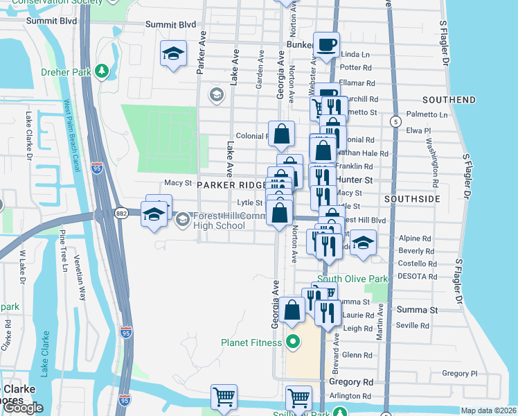 map of restaurants, bars, coffee shops, grocery stores, and more near 620 Forest Hill Boulevard in West Palm Beach