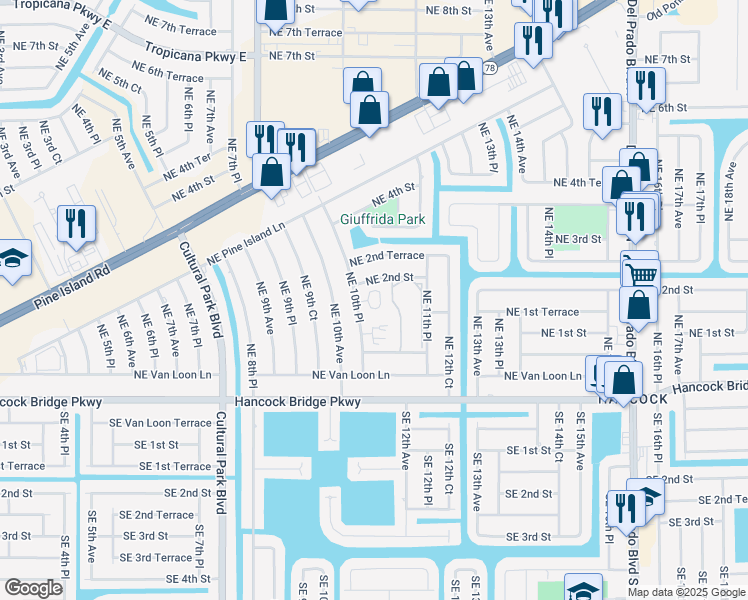 map of restaurants, bars, coffee shops, grocery stores, and more near 121 Northeast 10th Place in Cape Coral