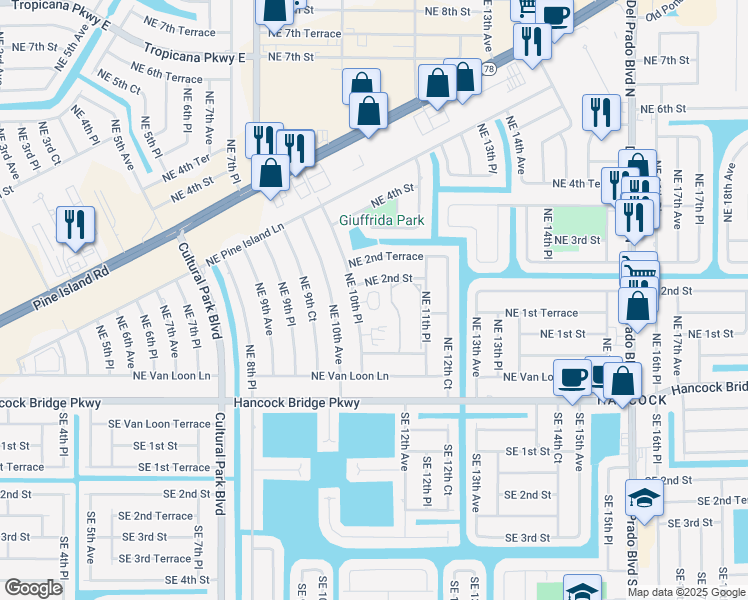 map of restaurants, bars, coffee shops, grocery stores, and more near 125 Northeast 10th Place in Cape Coral