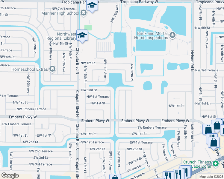 map of restaurants, bars, coffee shops, grocery stores, and more near 123 Northwest 14th Avenue in Cape Coral