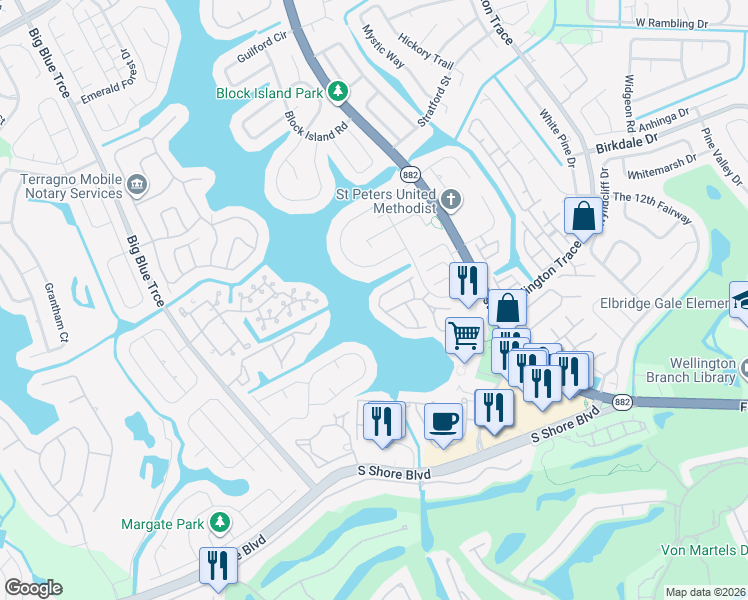 map of restaurants, bars, coffee shops, grocery stores, and more near 12155 Sunset Point Circle in Wellington