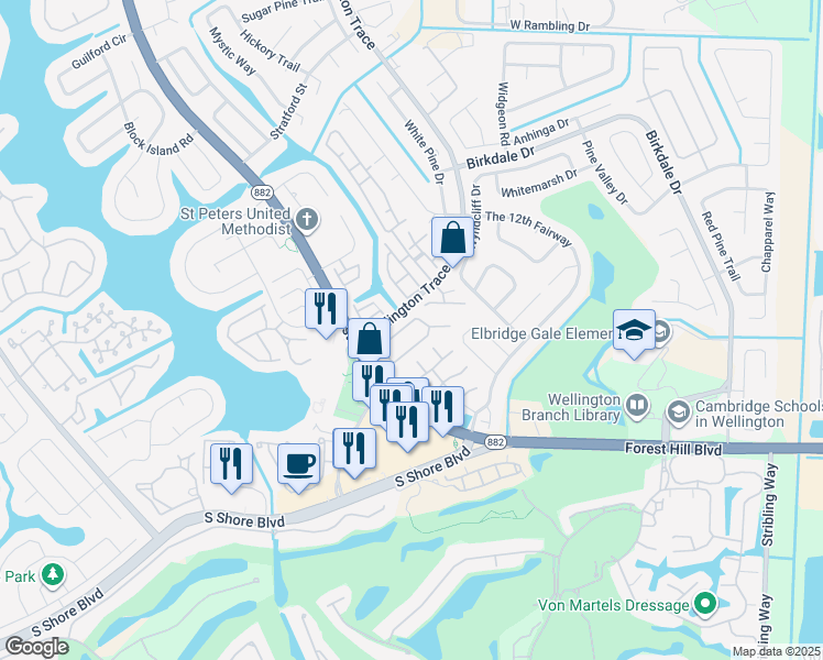 map of restaurants, bars, coffee shops, grocery stores, and more near 11925 Suellen Circle in Wellington