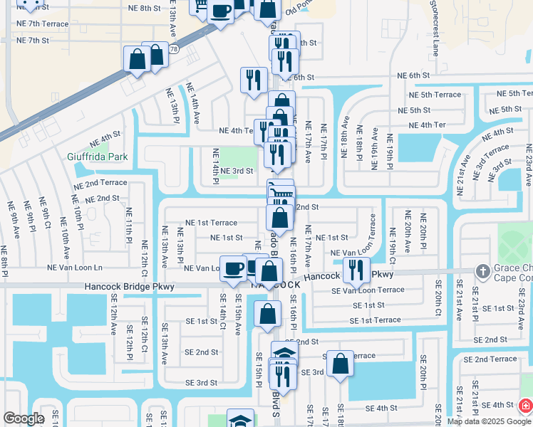 map of restaurants, bars, coffee shops, grocery stores, and more near 112 Del Prado Boulevard North in Cape Coral