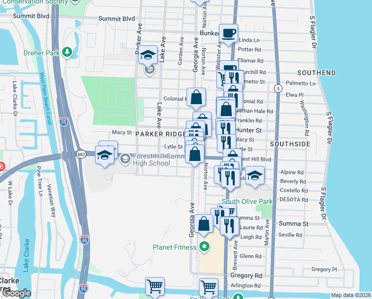 map of restaurants, bars, coffee shops, grocery stores, and more near 620 Forest Hill Boulevard in West Palm Beach