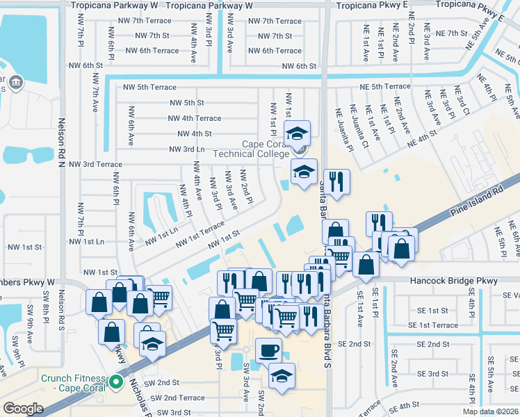 map of restaurants, bars, coffee shops, grocery stores, and more near 208 Northwest 1st Street in Cape Coral