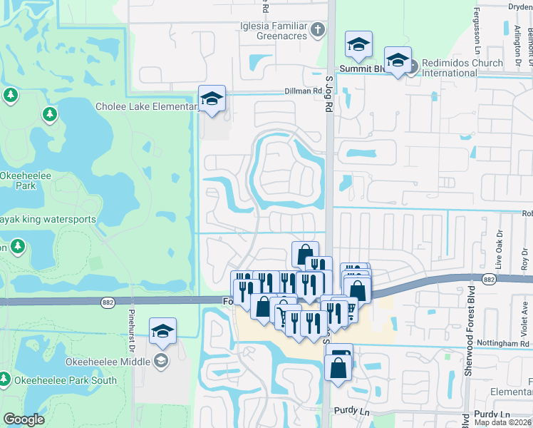 map of restaurants, bars, coffee shops, grocery stores, and more near 1490 Fairway Circle in Greenacres