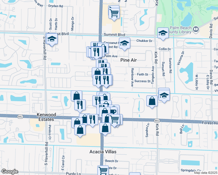 map of restaurants, bars, coffee shops, grocery stores, and more near 1490 South Military Trail in West Palm Beach