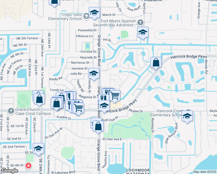 map of restaurants, bars, coffee shops, grocery stores, and more near 1500 Tropic Terrace in North Fort Myers
