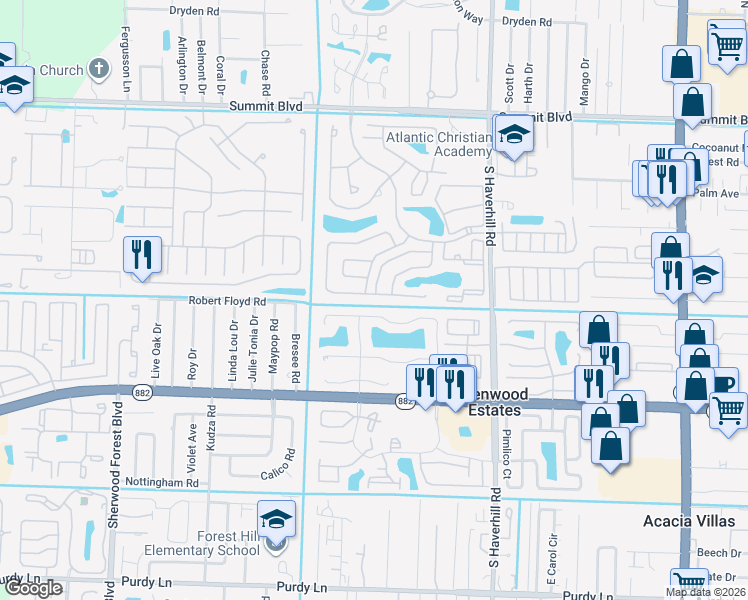 map of restaurants, bars, coffee shops, grocery stores, and more near 1430 Pines Lane in West Palm Beach