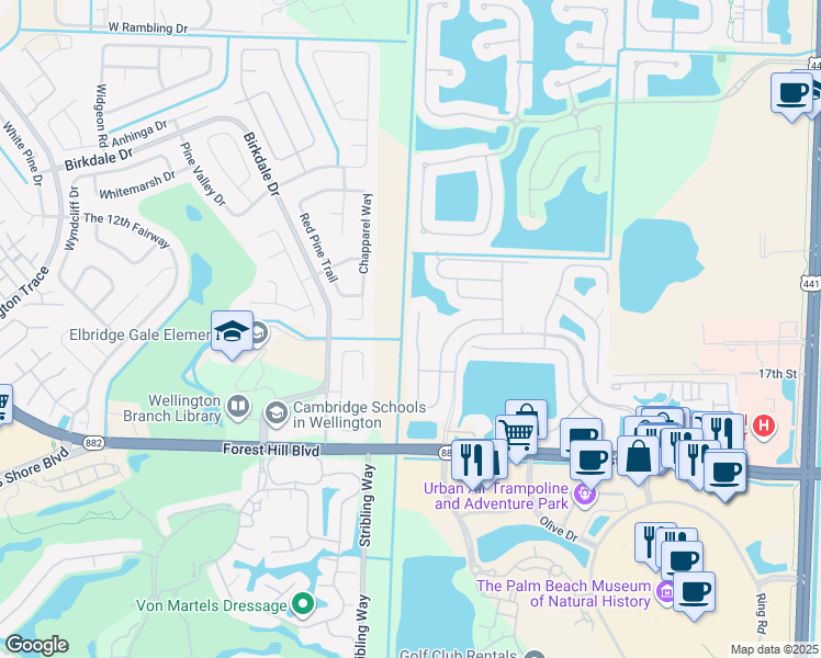 map of restaurants, bars, coffee shops, grocery stores, and more near 1851 Oak Berry Circle in Wellington