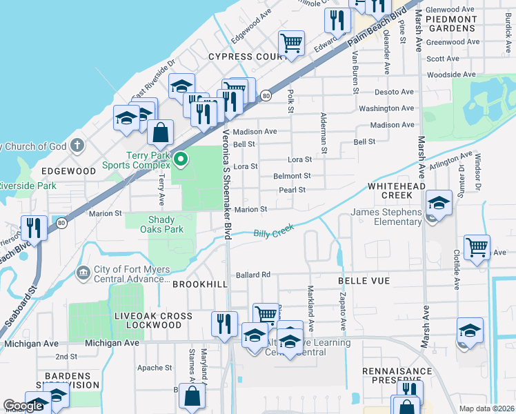 map of restaurants, bars, coffee shops, grocery stores, and more near 1154 Luray Avenue in Fort Myers